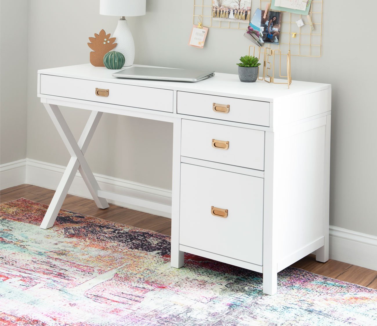 Peggy White 4-Drawer Side Storage Writing Desk
