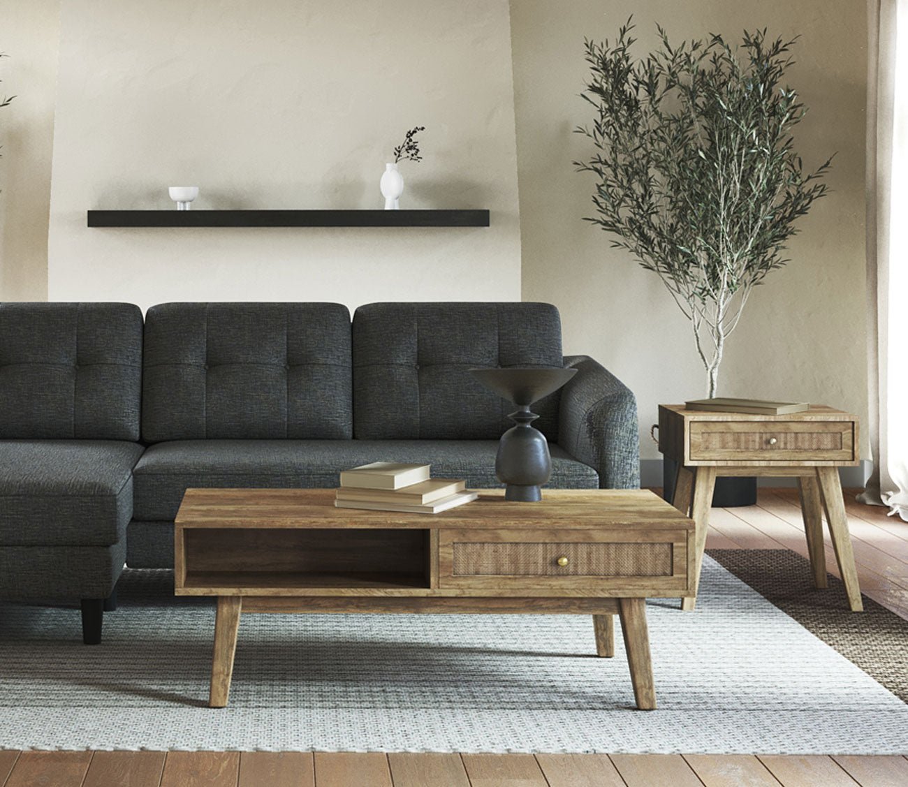 Reed Mango Wood Cane Drawer Coffee Table by Moe's Furniture
