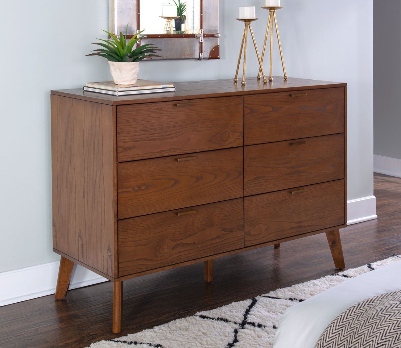Reid Walnut Wood 6-Drawer Double Dresser by Linon