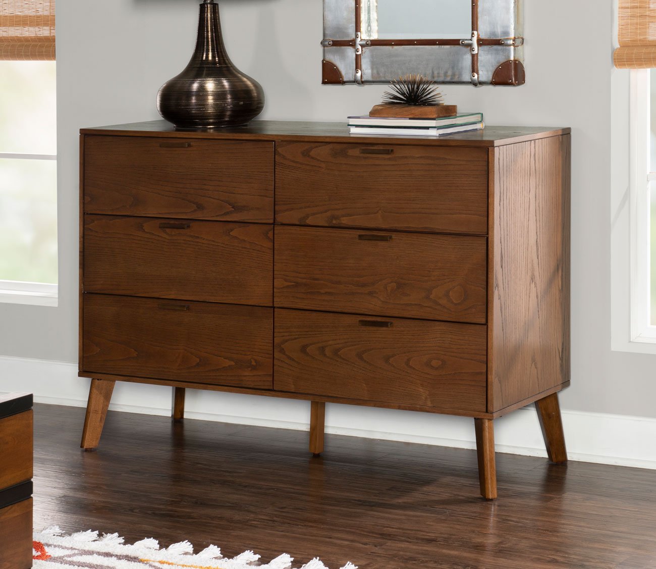 Reid Walnut Wood 6-Drawer Double Dresser by Linon