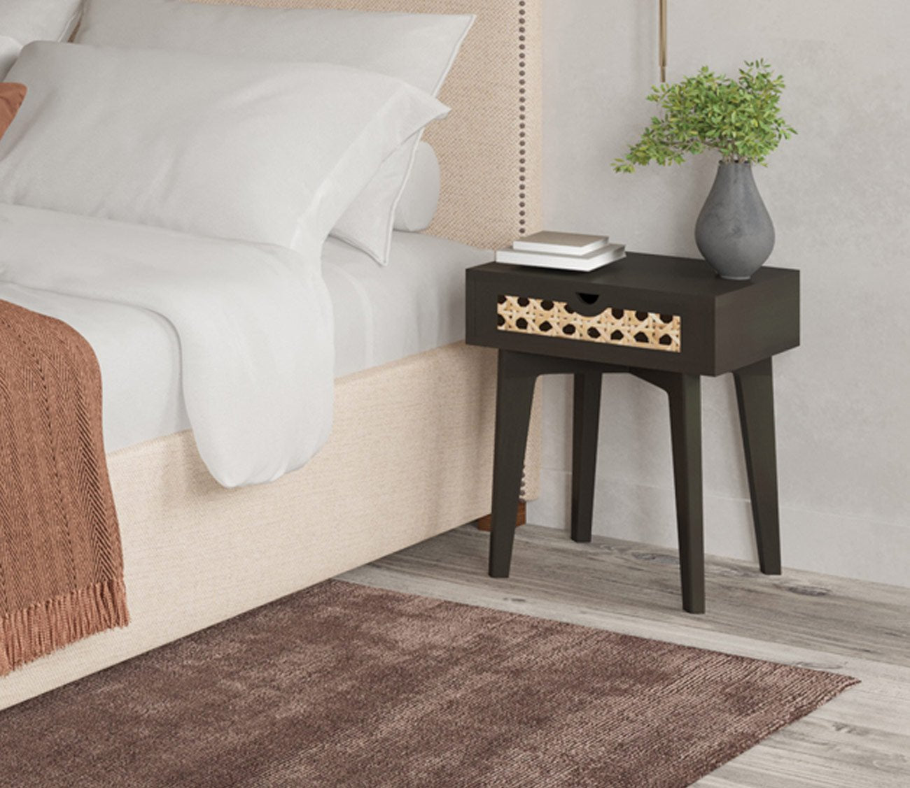 Rush Black Mango Wood Cane Drawer Nightstand