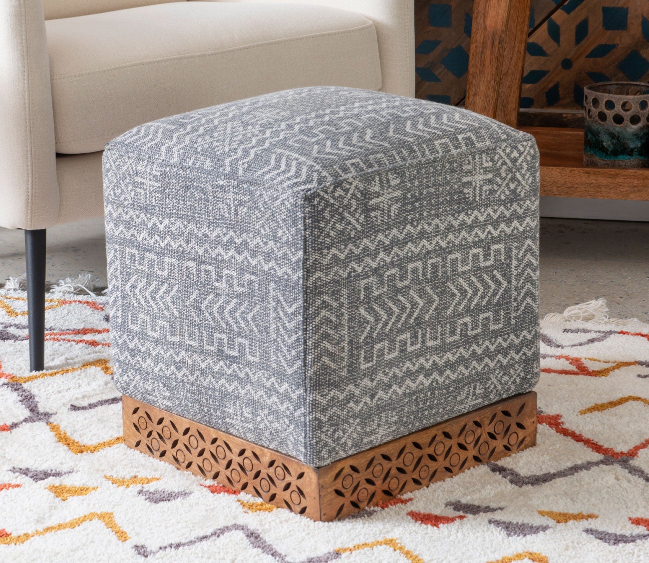 Seabury Mango Wood Upholstered Square Ottoman