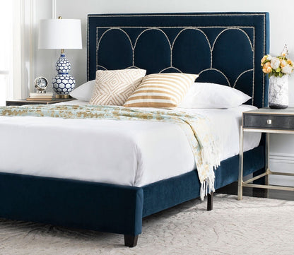 Solania Tufted Navy Velvet Upholstered Bed by Safavieh