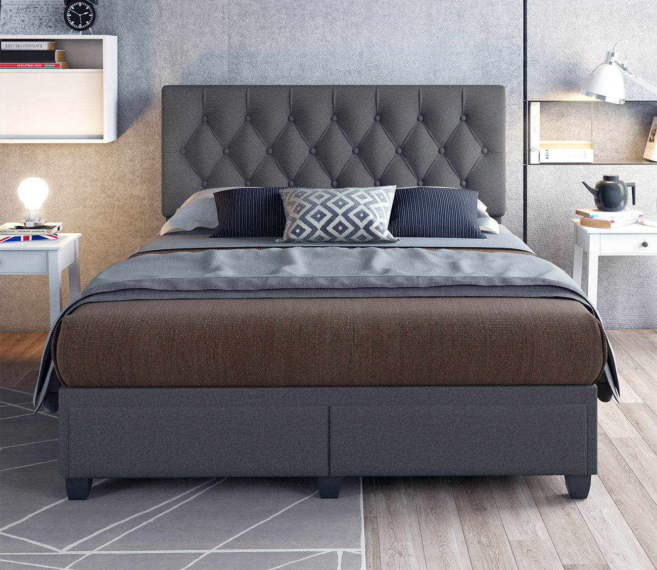 Sorrento Tufted Linen Fabric Platform Storage Bed