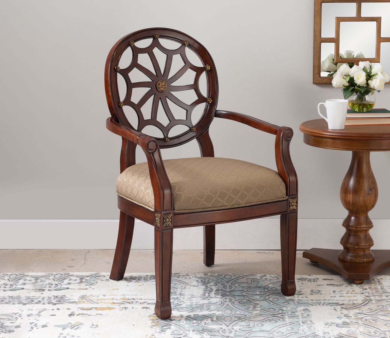 Spider Web Back Brown Wood Accent Chair