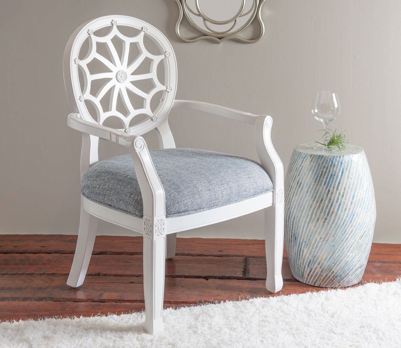 Spider Web Back White Wood Accent Chair