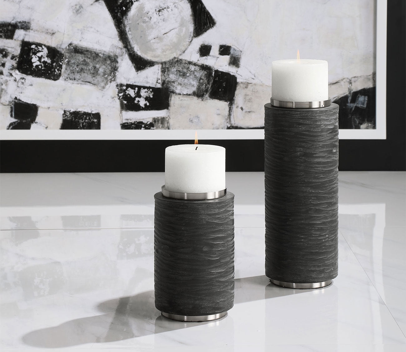Strathmore Stone Gray Candleholders Set of 2 by Uttermost
