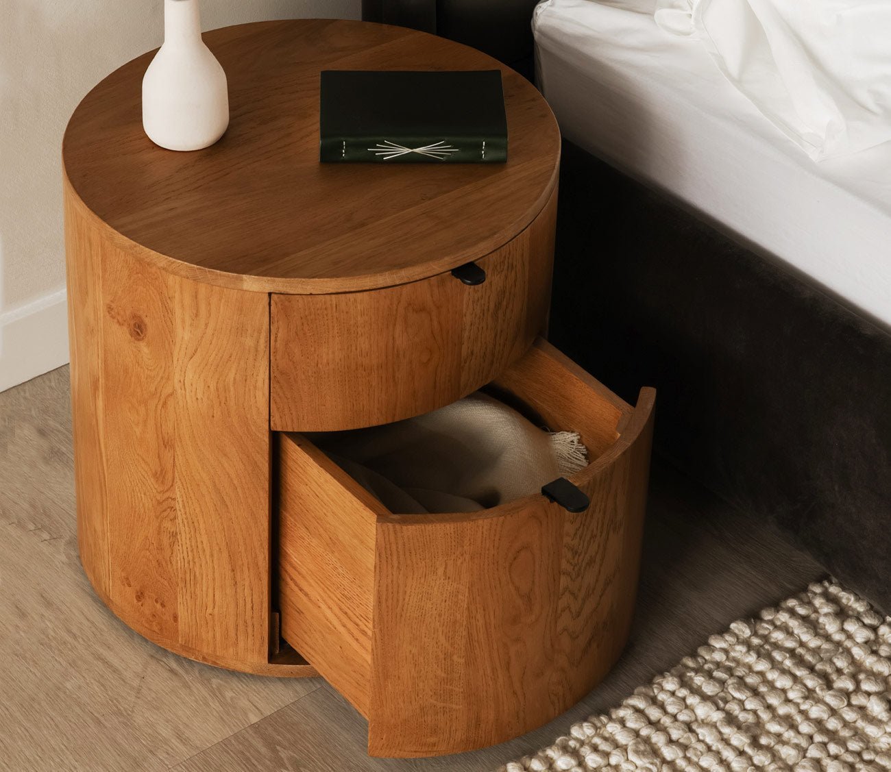 Theo Solid Oak Wood Round 2-Drawer Nightstand