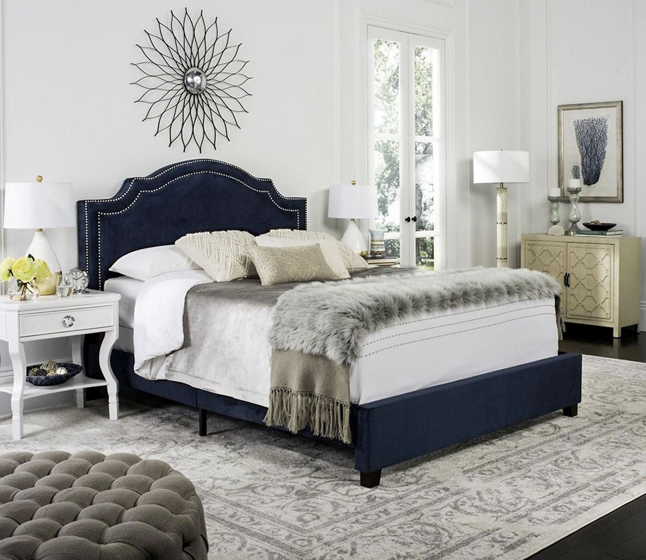 Theron Navy Velvet Upholstered Bed